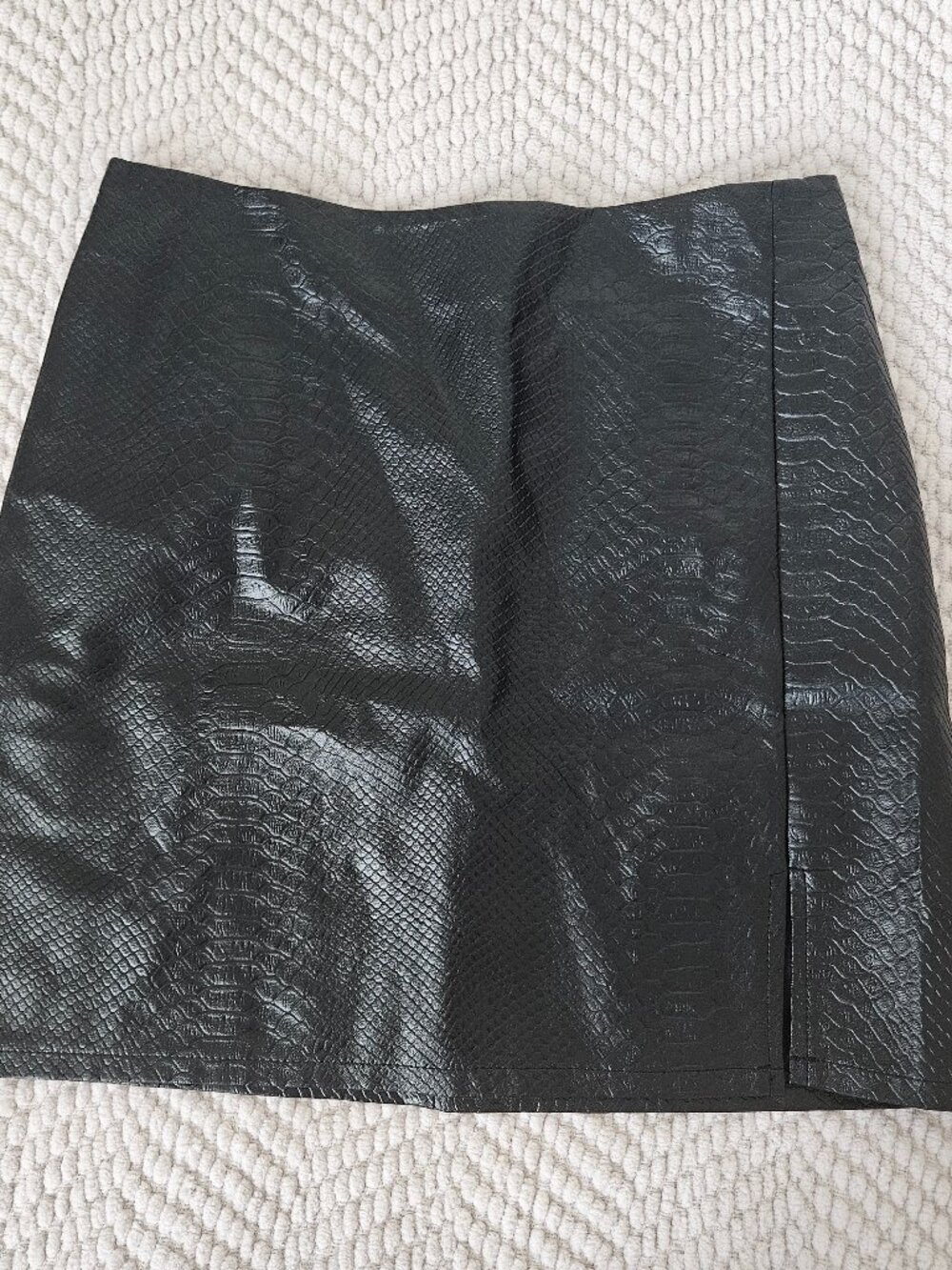 Faux Leather Black Snake Print Mini Skirt with Side Slit Small